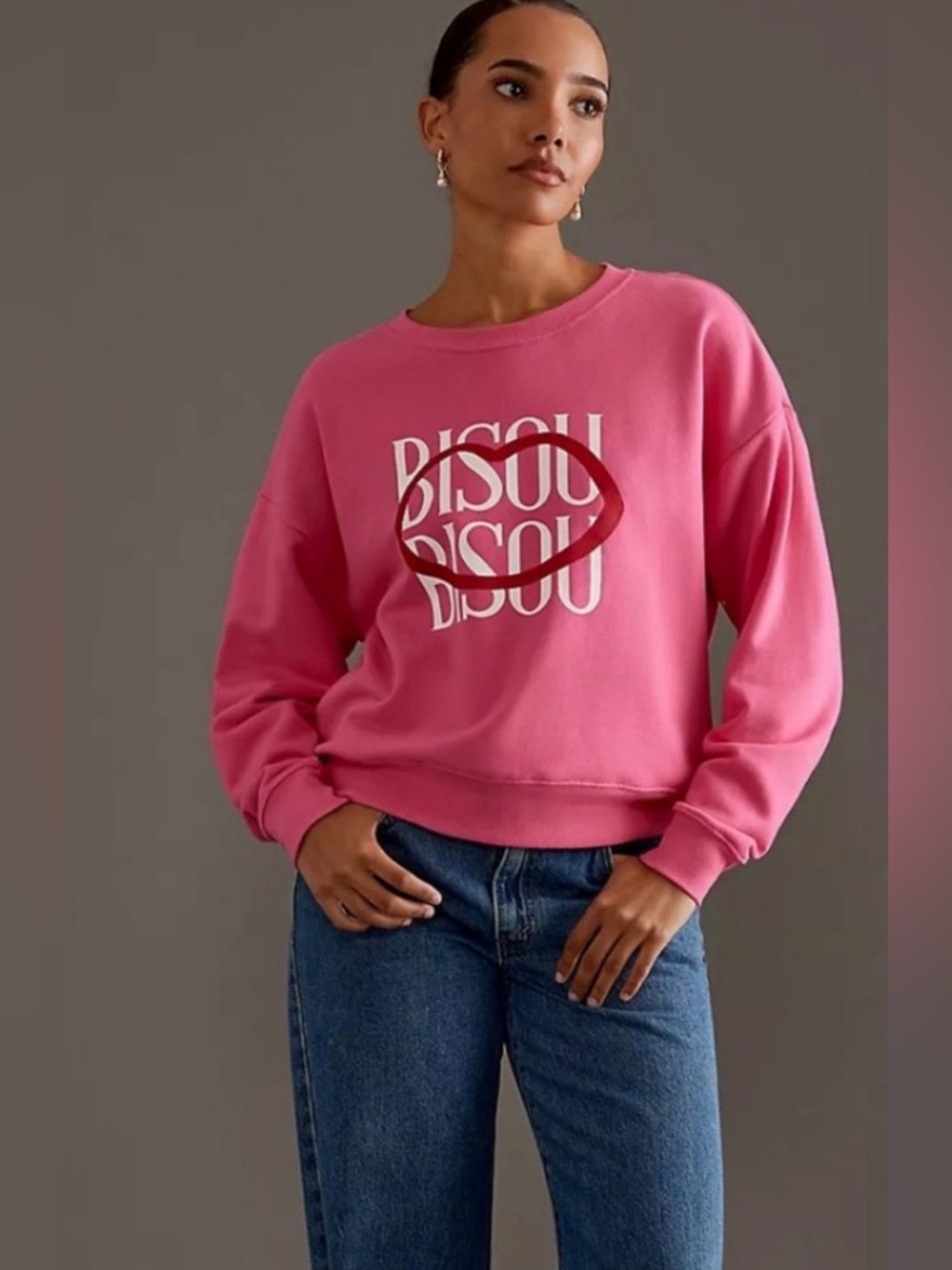 Maeve Anthro Valentines French Bisou Bisou (kiss kiss) Pink Crewneck Sweatshirt